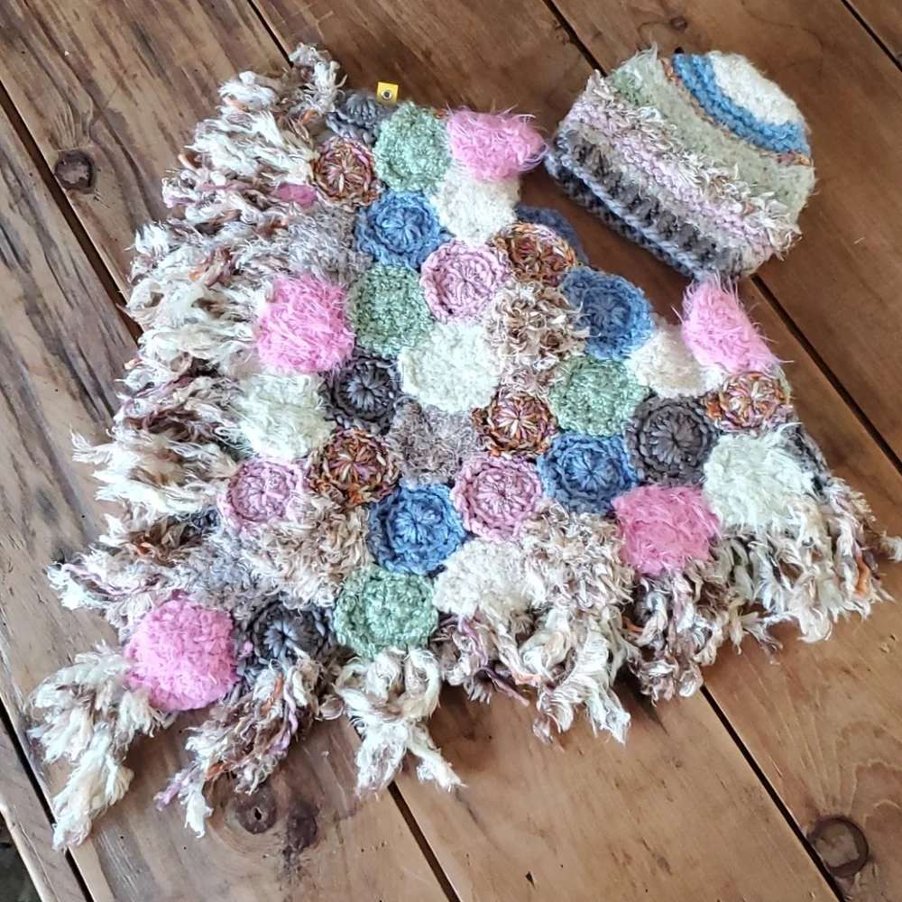 Peace of Cake Girls Colorful Knit Hat and Poncho Set